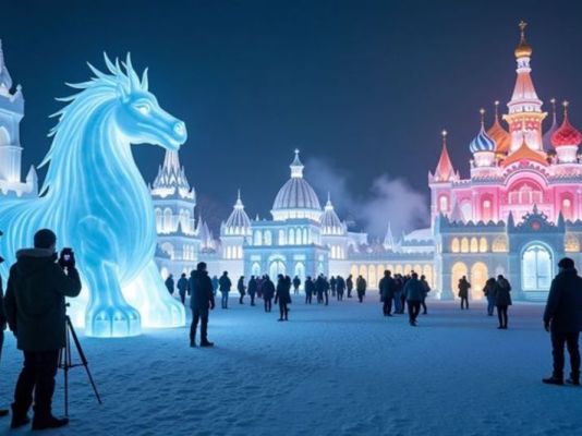 Majestuosas esculturas de hielo iluminadas con colores vibrantes en el festival de invierno de Harbin.